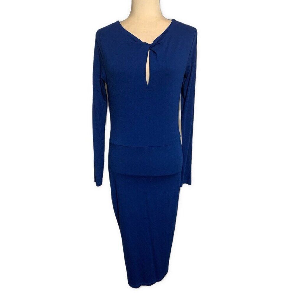 ASOS Womens Solid Blue Long Sleeve Deep Plunge MIDI Dress 10 Medium